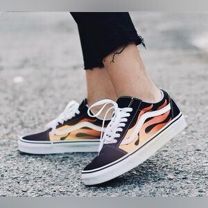 Vans Old Skool “Off the Wall” Sneakers, Sz. 8.5, Black Suede, Yellow/Red Flames
